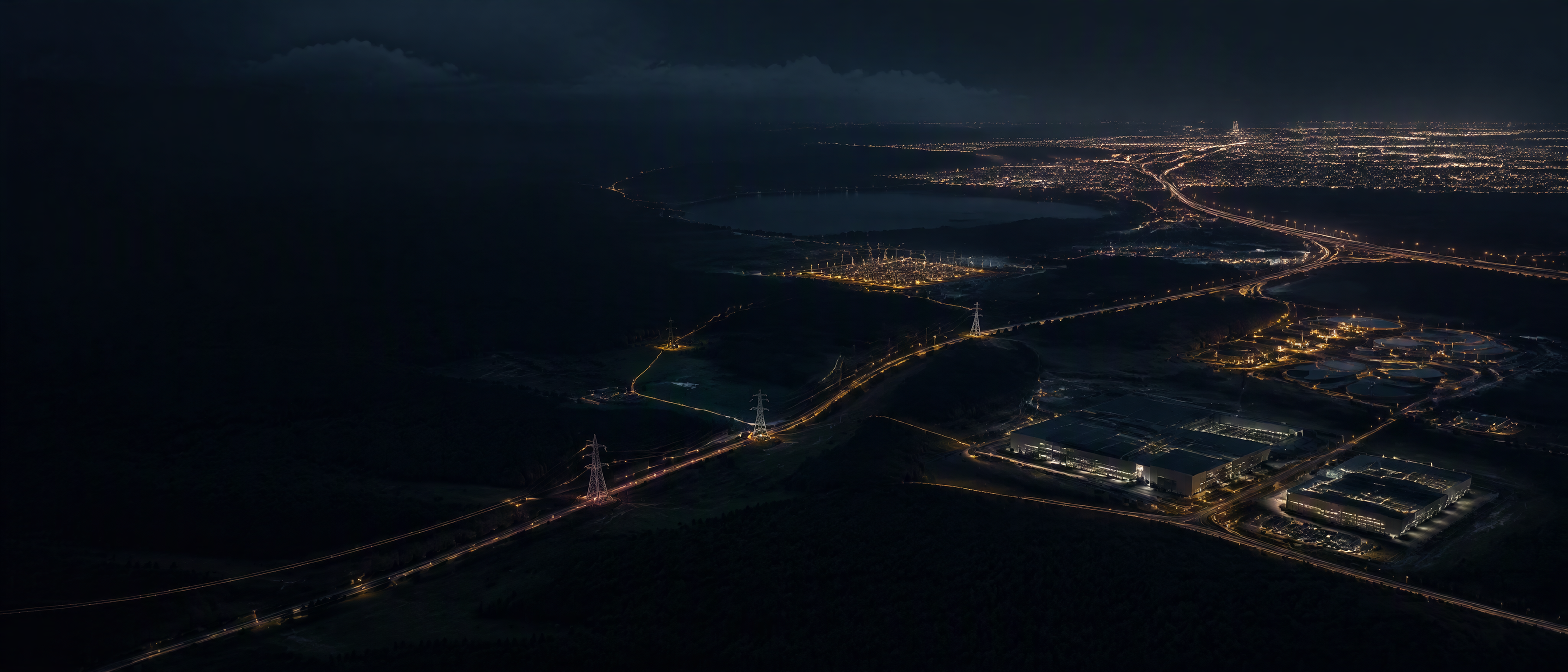 Aerial night view of interconnected energy, transport, water and digital infrastructure